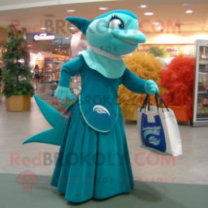 Turquoise Swordfish mascot costume character dressed with a Evening Gown and Tote bags