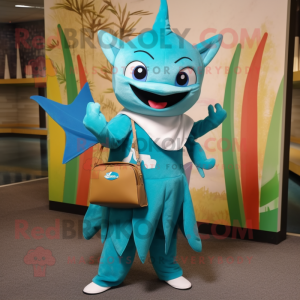 Turquoise Swordfish mascot costume character dressed with a Evening Gown and Tote bags