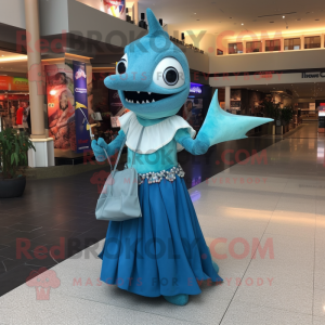 Turquoise Swordfish mascot costume character dressed with a Evening Gown and Tote bags