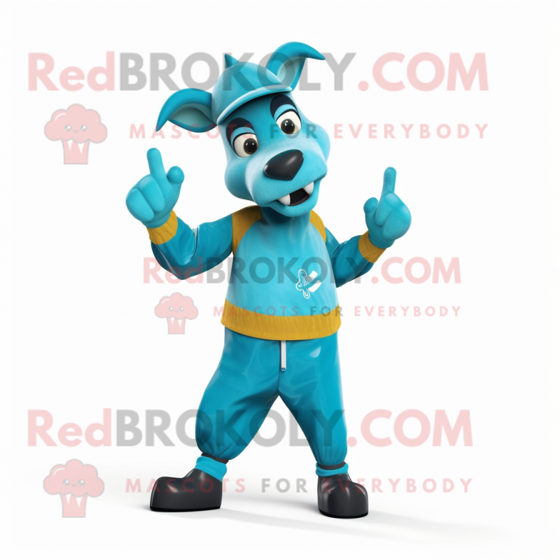 Cyan Okapi mascot costume character dressed with a Culottes and Caps Cyan Okapi mascot costume character dressed with a Culottes and Caps