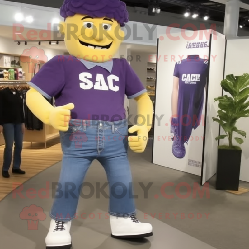 Purple Caesar Salad mascot costume character dressed with a Jeans and Shoe clips Purple Caesar Salad mascot costume character dressed with a Jeans and Shoe clips