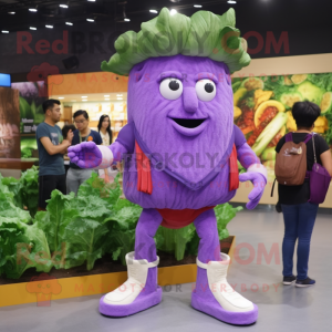 Purple Caesar Salad mascot costume character dressed with a Jeans and Shoe clips