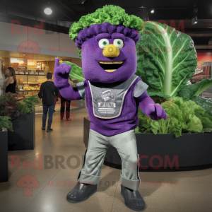 Purple Caesar Salad mascot costume character dressed with a Jeans and Shoe clips