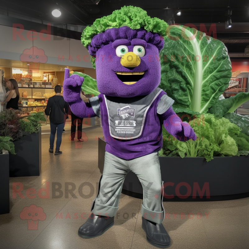 Purple Caesar Salad mascot costume character dressed with a Jeans and Shoe clips Purple Caesar Salad mascot costume character dressed with a Jeans and Shoe clips