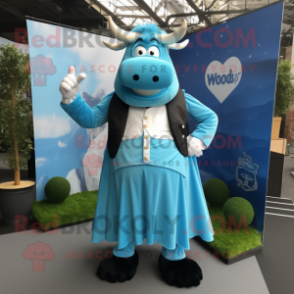 Sky Blue Beef Wellington mascot costume character dressed with a Ball Gown and Cufflinks