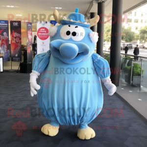 Sky Blue Beef Wellington mascot costume character dressed with a Ball Gown and Cufflinks