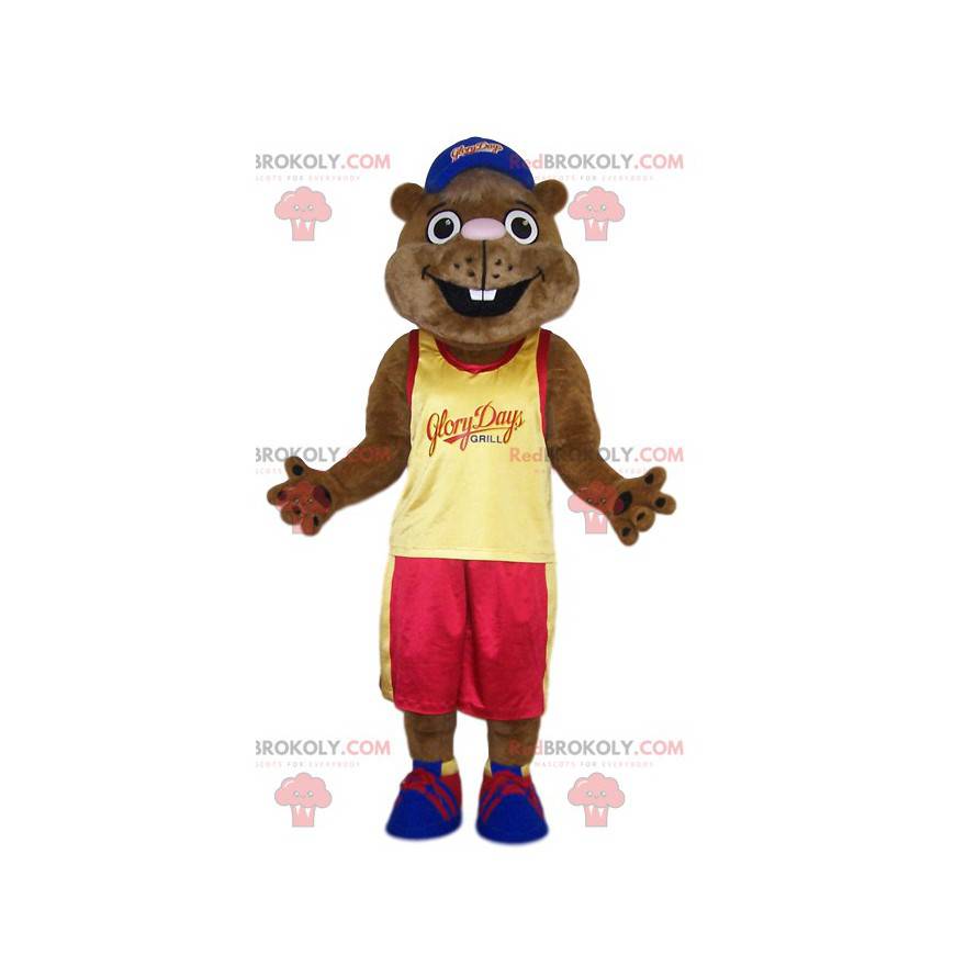 mascotte castoro con una maglia gialla - Redbrokoly.com