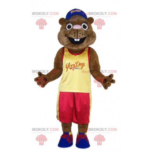 mascote castor com uma camisa de leque amarela - Redbrokoly.com