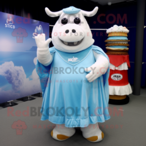 Sky Blue Beef Wellington mascot costume character dressed with a Ball Gown and Cufflinks