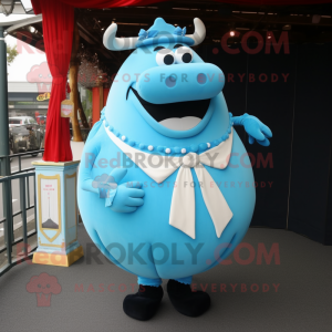 Sky Blue Beef Wellington mascot costume character dressed with a Ball Gown and Cufflinks