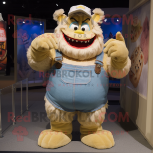 Beige Ogre mascot costume character dressed with a Denim Shorts and Mittens