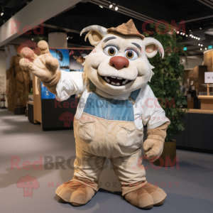 Beige Ogre mascot costume character dressed with a Denim Shorts and Mittens