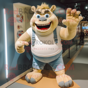 Beige Ogre mascot costume character dressed with a Denim Shorts and Mittens