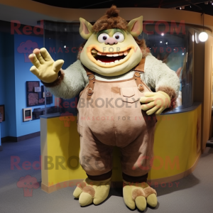 Beige Ogre mascot costume character dressed with a Denim Shorts and Mittens