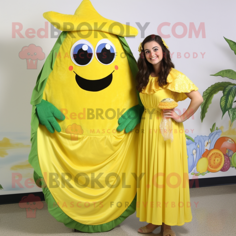 Lemon Yellow Fajitas mascot costume character dressed with a Maxi Dress and Hair clips
