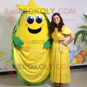 Lemon Yellow Fajitas mascot costume character dressed with a Maxi Dress and Hair clips