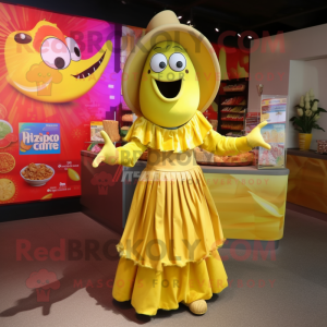 Lemon Yellow Fajitas mascot costume character dressed with a Maxi Dress and Hair clips