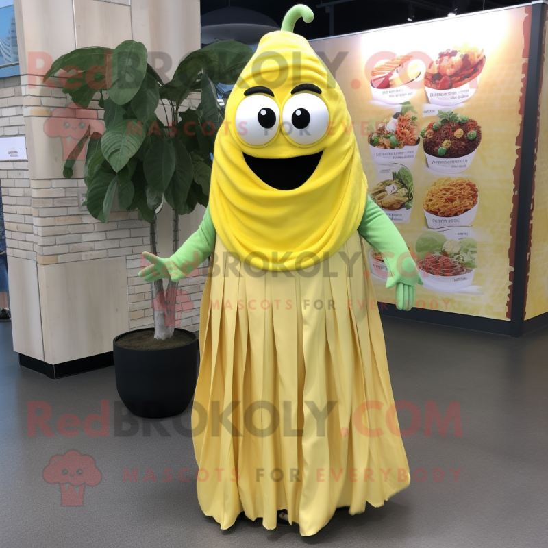 Lemon Yellow Fajitas mascot costume character dressed with a Maxi Dress and Hair clips