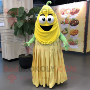 Lemon Yellow Fajitas mascot costume character dressed with a Maxi Dress and Hair clips