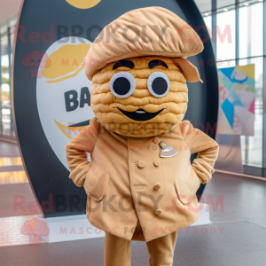 Tan Croissant mascot costume character dressed with a Jacket and Berets