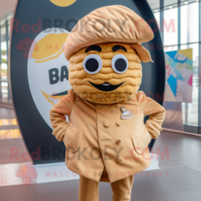 Tan Croissant mascot costume character dressed with a Jacket and Berets