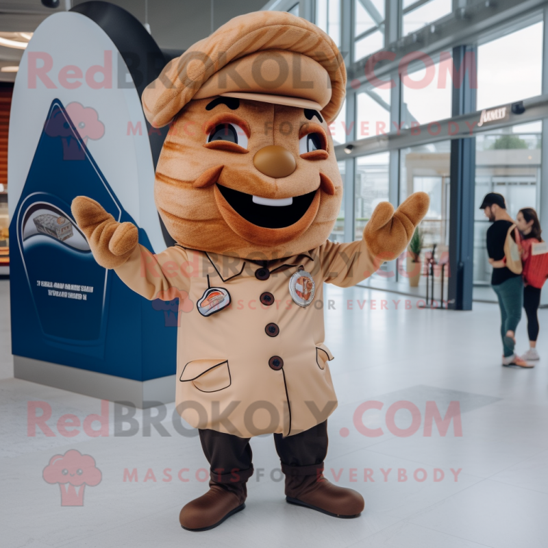 Tan Croissant mascot costume character dressed with a Jacket and Berets Tan Croissant mascot costume character dressed with a Jacket and Berets