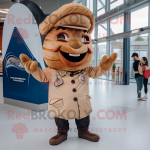 Tan Croissant mascot costume character dressed with a Jacket and Berets