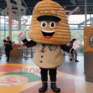 Tan Croissant mascot costume character dressed with a Jacket and Berets
