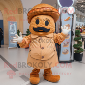 Tan Croissant mascot costume character dressed with a Jacket and Berets