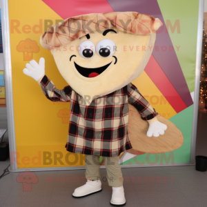 Beige Pizza Slice mascot costume character dressed with a Flannel Shirt and Hairpins