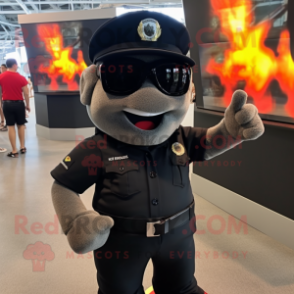 Black Fire Fighter mascot costume character dressed with a Running Shorts and Sunglasses