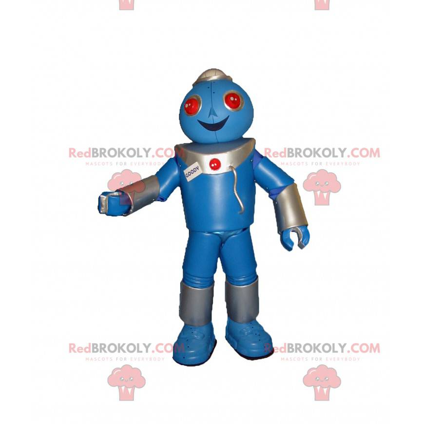 Sehr glückliches blaues Robotermaskottchen - Redbrokoly.com