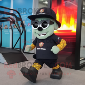 Black Fire Fighter mascot costume character dressed with a Running Shorts and Sunglasses
