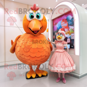 Peach Turkey mascot costume character dressed with a Ball Gown and Watches