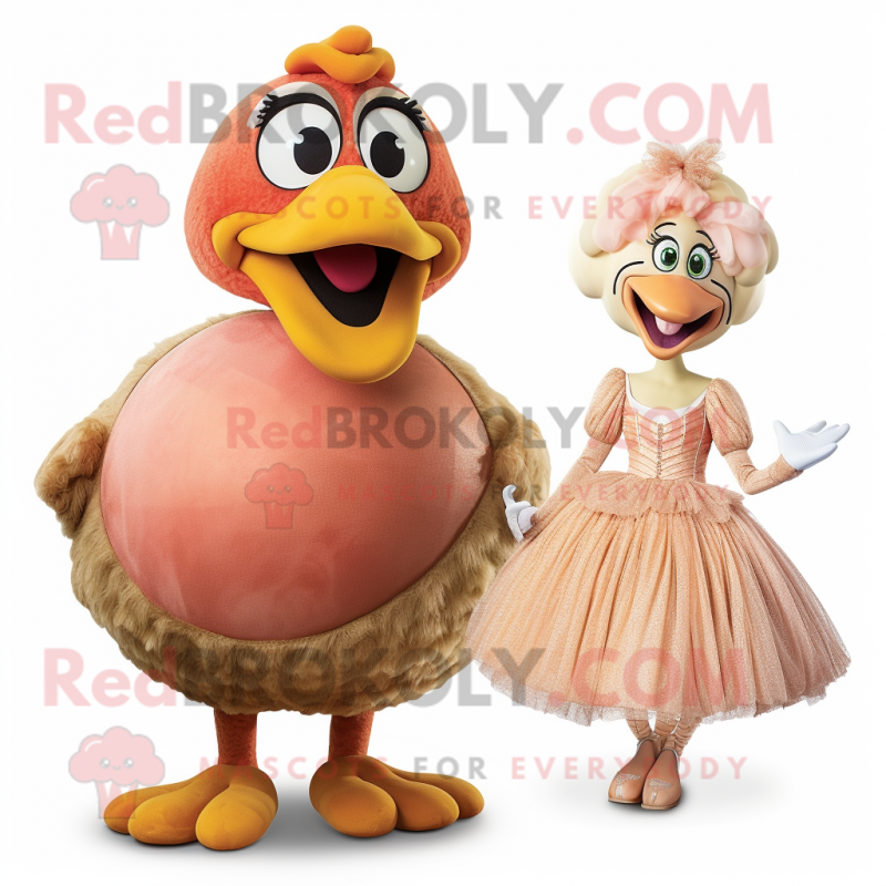 Peach Turkey mascot costume character dressed with a Ball Gown and Watches