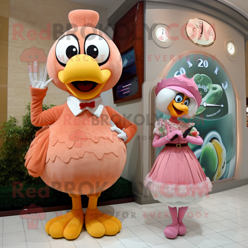 Peach Turkey mascot costume character dressed with a Ball Gown and Watches Peach Turkey mascot costume character dressed with a Ball Gown and Watches