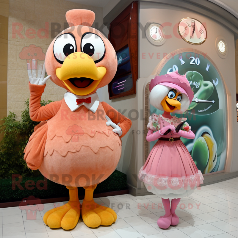 Peach Turkey mascot costume character dressed with a Ball Gown and Watches