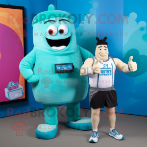 Teal Beef Stroganoff mascot costume character dressed with a Tank Top and Smartwatches
