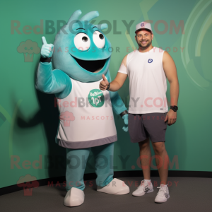 Teal Beef Stroganoff mascot costume character dressed with a Tank Top and Smartwatches