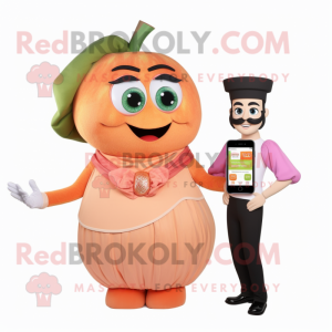 Peach Falafel mascot costume character dressed with a Evening Gown and Smartwatches
