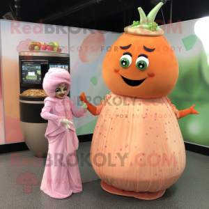 Peach Falafel mascot costume character dressed with a Evening Gown and Smartwatches