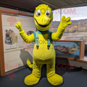 Lemon Yellow Loch Ness Monster mascot costume character dressed with a Dungarees and Gloves