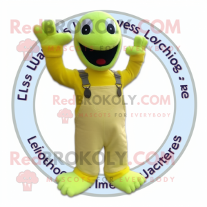 Lemon Yellow Loch Ness Monster mascot costume character dressed with a Dungarees and Gloves
