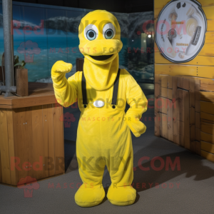Lemon Yellow Loch Ness Monster mascot costume character dressed with a Dungarees and Gloves