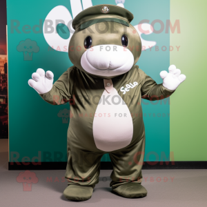 Olive Stellar'S Sea Cow mascot costume character dressed with a Poplin Shirt and Headbands