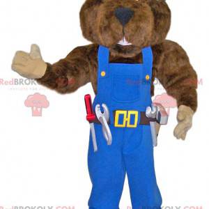 Mascotte de Grand ours bricoleur en salopette bleue -