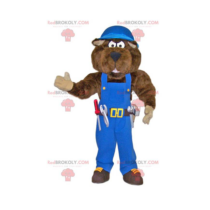 Grote beer mascotte klusjesman in blauwe overall -