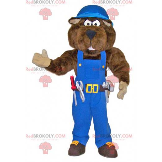 Velký medvěd maskot údržbář v modrých montérkách -