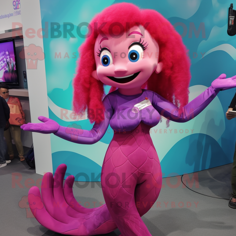 Magenta Mermaid mascot costume character dressed with a Jumpsuit and Hairpins Magenta Mermaid mascot costume character dressed with a Jumpsuit and Hairpins