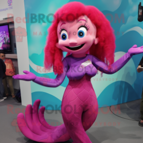 Magenta Mermaid mascot costume character dressed with a Jumpsuit and Hairpins